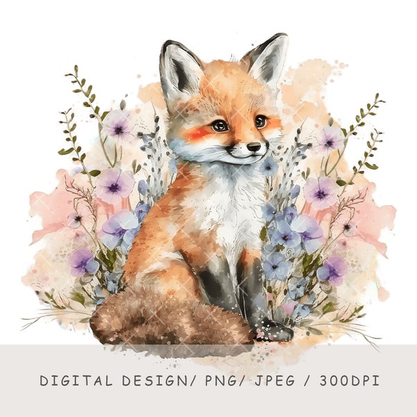 Sublimation Fox Watercolor Design, Cute Fox in Wildflowers, Watercolor Animals Clipart, Forest Animals, Scrapbooking, Spring, Summer