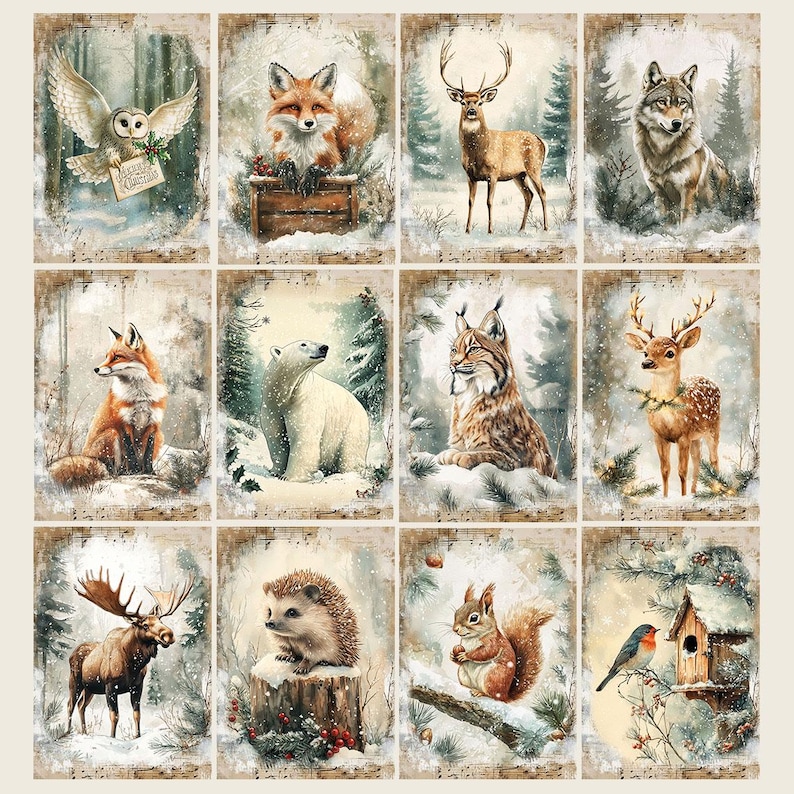 May include: A collection of twelve rectangular art prints featuring various woodland animals in a snowy forest setting. The prints showcase an owl, fox, deer, wolf, polar bear, lynx, moose, hedgehog, squirrel, and bird. Each print has a vintage, watercolor style.