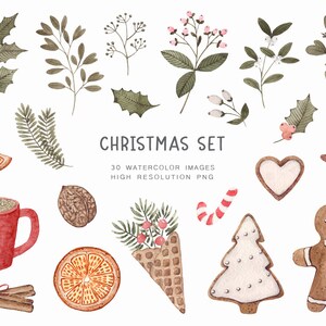 Acuarela Navidad clipart- 30PNG, floral de Navidad, pan de jengibre de Navidad, conjunto de imágenes prediseñadas, imágenes prediseñadas de invierno, imágenes prediseñadas de Año Nuevo, regalo de Navidad