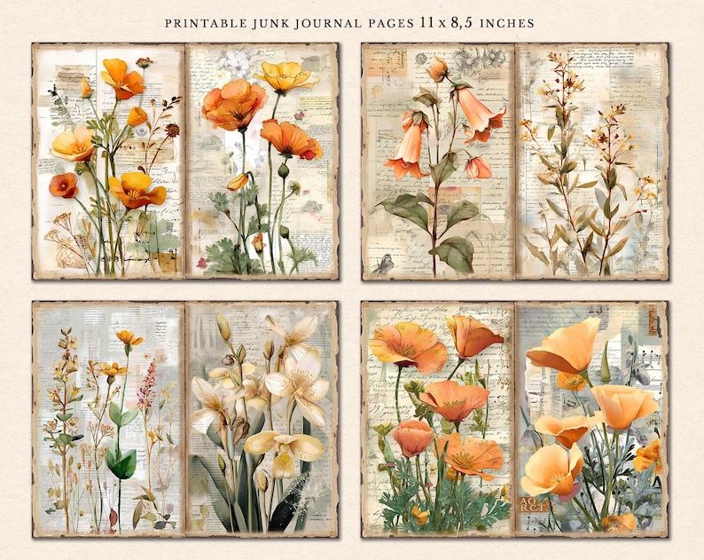 May include: Printable junk journal pages featuring four different floral designs. Each page is 11 x 8.5 inches and features a vintage background with handwritten text and floral illustrations in shades of orange, yellow, and white.