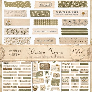 Op de afbeelding: Een verzameling decoratieve papieren stickers en washi-tape stroken met madeliefjespatronen, groen gingham, strepen en stippen. De set bevat tekstlabels zoals Farmers Market, collect beautiful moments en stay awhile.