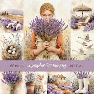 Könnte beinhalten: Eine digitale Collage mit einer Frau, die einen Lavendelstrauß hält. Weitere Tafeln zeigen Szenen von Lavendelfeldern, Schafen, einer Katze, einem Haus und Schwänen. Der Text lautet "60 PAGES Lavender Freshness DIGITAL."