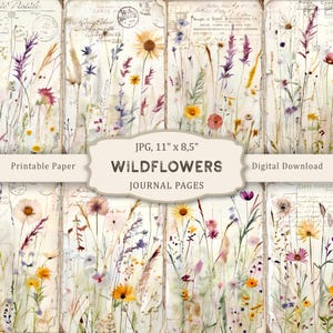 May include: A digital download of eight printable journal pages featuring watercolor wildflowers on a vintage background. The pages are 11 inches by 8.5 inches and are perfect for scrapbooking, journaling, or crafting.