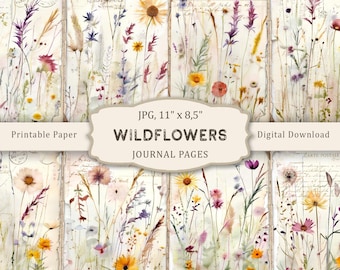 Akvarell vildblommor skräpjournalsidor, sommarblommorpapper, vintage efemera (digital nedladdning)