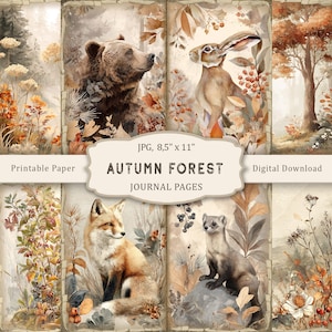 Könnte beinhalten: Eine Sammlung von druckbaren Journalseiten mit einem Herbstwald-Thema. Die Seiten zeigen Aquarellillustrationen eines Bären, Hasen, Fuchses und anderer Waldtiere. Der Text auf dem Bild lautet "Autumn Forest Journal Pages". Die Seiten sind 21,6 x 27,9 cm groß.