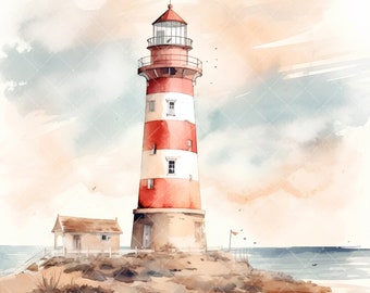 10 Sea Lighthouse clipart, Watercolor Marine clipart, Nautical clipart, Card making, High Quality JPG, Paper craft, Digital, Junk Journal