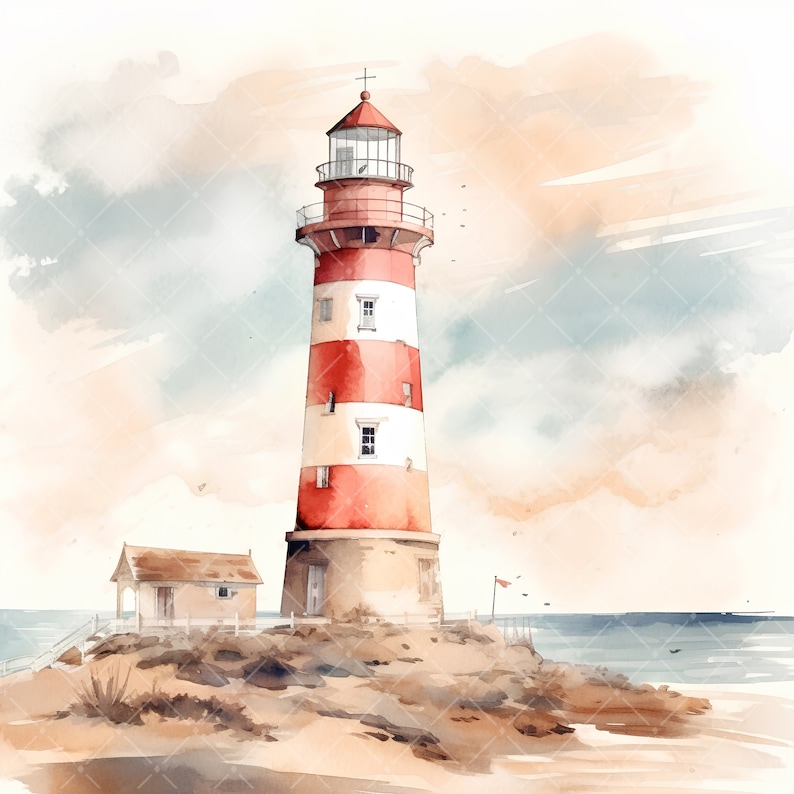Puede incluir: Una pintura de acuarela de un faro de rayas rojas y blancas con un peque&ntilde;o edificio a su lado. El faro est&aacute; en una costa rocosa con el oc&eacute;ano al fondo. El cielo es de un azul suave con nubes.