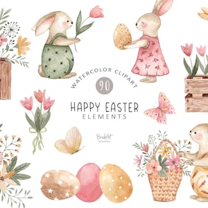 Clipart de Páscoa com coelhos, Clipart de coelho fofo, Coelhos PNG, Cartão de Páscoa, Ovos de Páscoa, Clipart de bebê, Adesivos de planejador, Scrapbooking de bebê