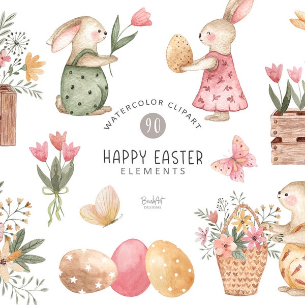 Ostern Clipart mit Hasen, süße Hasen Clipart, Png Hasen, Osterkarte, Ostereier, Baby Clipart, Planer Aufkleber, Baby Scrapbooking