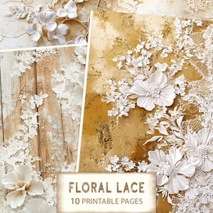 Floral Lace-2 White and Gold Printable Pages, Wood Collage Sheets, Rustic Floral Journal, Wooden scrapbooking sheets, Lace Printable Paper