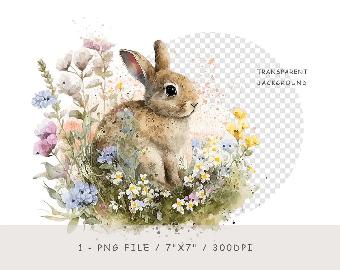 Watercolor Rabbit Clipart, Bunny With Wildflowers (PNG, JPG) - Etsy