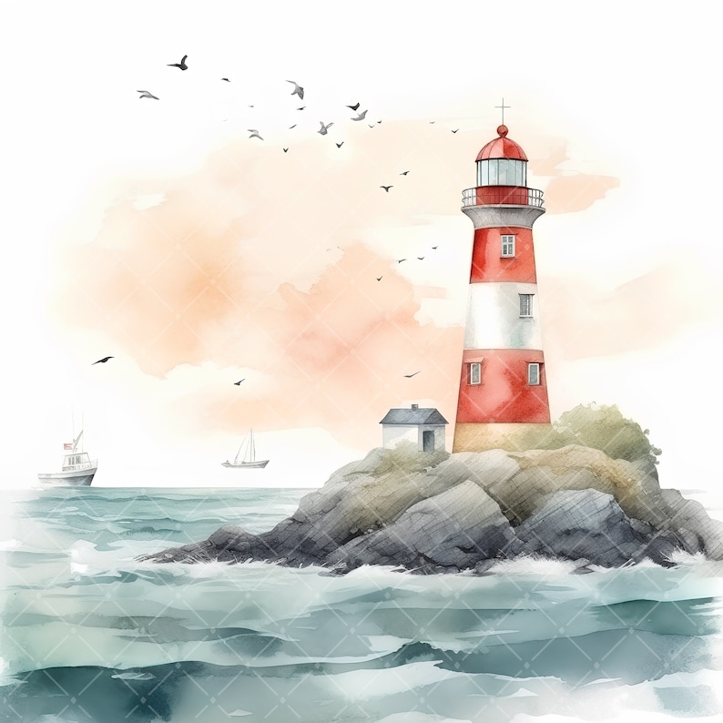 Puede incluir: Una pintura de acuarela de un faro rojo y blanco en una isla rocosa con una peque&ntilde;a casa. El faro est&aacute; en una peque&ntilde;a isla en medio del oc&eacute;ano. Hay dos barcos en la distancia y una bandada de p&aacute;jaros volando por encima.