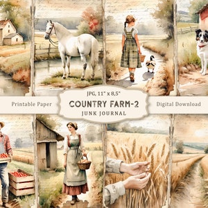 Country Farm-2 Junk Journal Kit, páginas para impressão em aquarela de fazenda, papel para scrapbooking de fazenda, colagem de animais de fazenda, coisas efêmeras de vila