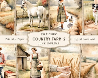 Country Farm-2 Junk Journal Kit, Watercolor Farmhouse Printable Pages, Farm Scrapbooking Paper, Farm Animals Collage, Village Ephemera