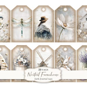 K&ouml;nnte beinhalten: Eine Sammlung von 20 neutralen Junk-Journal-Tags im Bauernhausstil. Jedes Tag zeigt Aquarellillustrationen von Naturszenen, darunter ein Vogel, eine Libelle, eine Blume, ein Haus, ein Bienenstock, eine Windm&uuml;hle, ein Kaninchen und Lavendel. Die Tags haben eine Vintage-&Auml;sthetik.