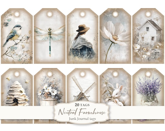 Neutral Farmhouse Tags, Farm Gift Labels, Cottage Decor, Journal Supplies, Digital Download