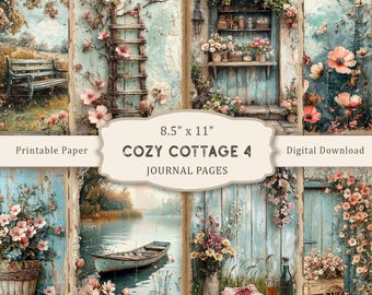 May include: A collage of journal pages with a cozy cottage theme. The pages feature watercolor illustrations of floral arrangements, a bench, a boat on a lake, and a bird perched on a ladder. The text "COZY COTTAGE 4 JOURNAL PAGES" is displayed.