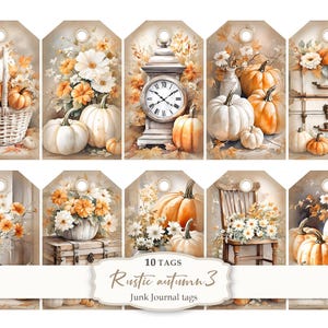 Puede incluir: Etiquetas de acuarela con temas otoñales. Se representan calabazas, flores y un reloj vintage en tonos cálidos naranja, blanco y beige. El texto "Rustic autumn 3" y "Junk Journal tags" es visible.