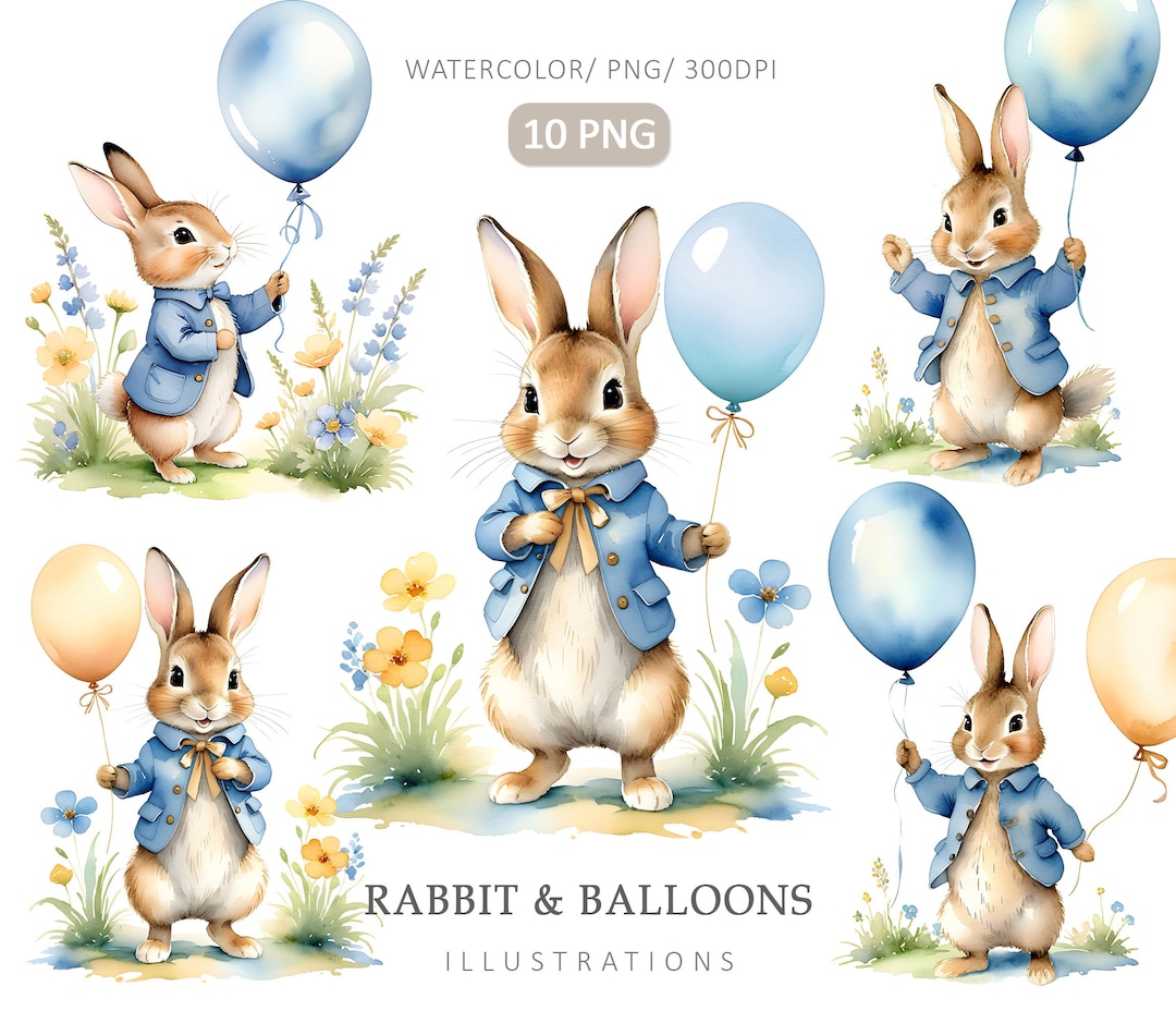 Peter Rabbit With Balloons- 10PNG, Beatrix Potter Style, Digital ...