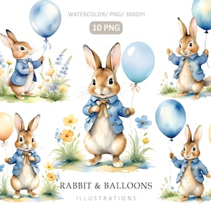 Peter Rabbit met ballonnen-10PNG, Beatrix Potter-stijl, lente clipart, Bunny clipart, kaarten maken, Paper Craft, digitale download