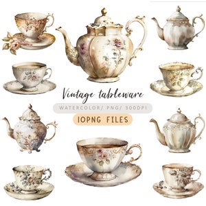 Louça vintage - 10png, clipart de mesa, clipart de casal de chá, clipart de xícara, talheres vintage em aquarela, clipart de xícara, clipart de bule