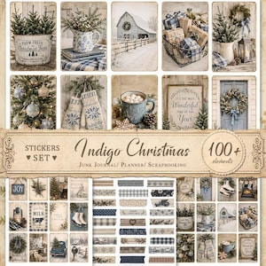 Op de afbeelding: Een digitale stickerset genaamd Indigo Christmas met meer dan 100 elementen voor scrapbooking en planners. De collectie bevat rechthoekige kaarten met wintertaferelen, blauw-witte patronen, vakantiedecoraties en decoratieve washi-tape strips.