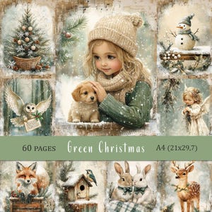 May include: A collage of winter-themed illustrations. It features a young girl with a puppy, a snowman, an owl, a fox, rabbits, and a deer. The text "Green Christmas" and "60 pages" are also included. The paper size is A4 (21x29.7 cm).