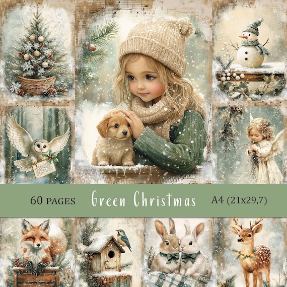 Green Christmas Paper, Winter Junk Journal Printable, A-4, 60 Pages, JPC, PDF