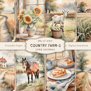 Country Farm-3 Junk Journal Kit, páginas para impressão em aquarela de fazenda, papel para scrapbooking de fazenda, colagem de animais de fazenda, coisas efêmeras de vila