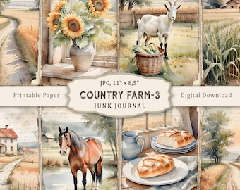 Country Farm-3 Junk Journal Kit, aquarel boerderij afdrukbare pagina's, boerderij scrapbookingpapier, boerderijdieren collage, kortstondige dorpsgezichten