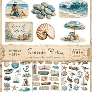 Può includere: Un set di adesivi digitali intitolato Seaside Relax con oltre 100 elementi a tema spiaggia, tra cui una persona con cappello da sole, pietre levigate, onde dell'oceano, una conchiglia nautilus, una sedia a sdraio con ombrellone, una barca a vela, un'ancora e una fotocamera.