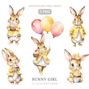Cottontail Rabbit-1 cliparts PNG, Bunny Girl, Beatrix Potter Style,Peter Rabbit's sister,Watercolor Birthday Clipart,Card making,Paper craft