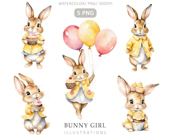 Watercolor Cottontail Rabbit Clipart, Bunny Girl PNG (Digital Download)