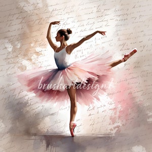 Puede incluir: Una pintura de acuarela de una bailarina en un tut&uacute; rosa, con un top blanco y zapatillas de ballet rojas. La bailarina est&aacute; en posici&oacute;n de salto, con la pierna extendida hacia un lado. El fondo es una acuarela de color marr&oacute;n claro y rosa, con texto escrito a mano.