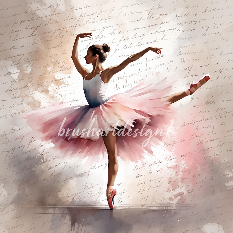Puede incluir: Una pintura de acuarela de una bailarina en un tut&uacute; rosa, con un top blanco y zapatillas de ballet rojas. La bailarina est&aacute; en posici&oacute;n de salto, con la pierna extendida hacia un lado. El fondo es una acuarela de color marr&oacute;n claro y rosa, con texto escrito a mano.