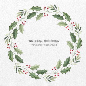 Christmas wreath clipart, Watercolor wreath, Digital download, Mistletoe wreath, Wreath of holly, Holiday clipart, Commercial use,PNG wreath image 2