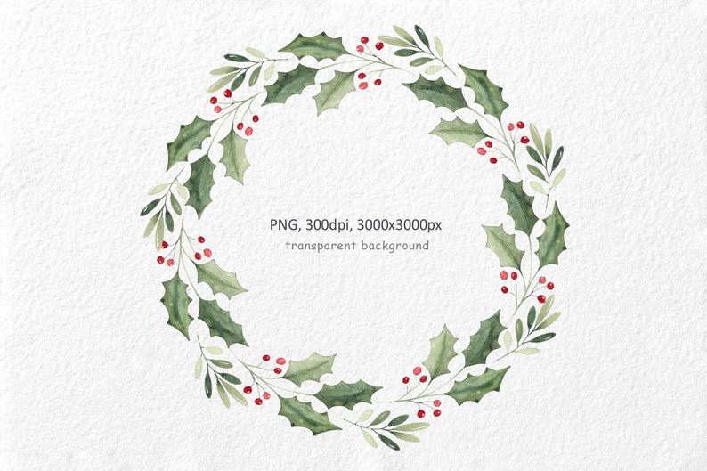 May include: A watercolor illustration of a green holly wreath with red berries. The wreath is on a white background.
