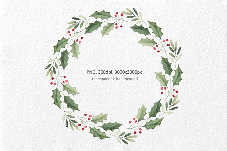 Christmas wreath clipart, Watercolor wreath, Digital download, Mistletoe wreath, Wreath of holly, Holiday clipart, Commercial use,PNG wreath image 2