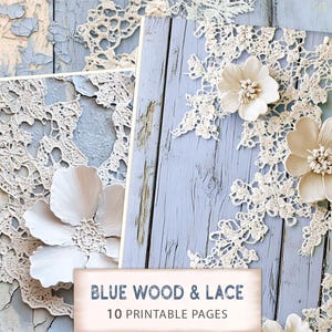 Páginas imprimibles de madera azul y encaje - 01, hojas de collage de madera, diario floral rústico, papel de scrapbooking azul, encaje digital imprimible