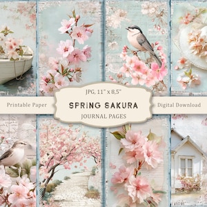 春の桜ジャーナルキット、桜の印刷可能なページ、春のスクラップブッキング用紙、春の花のコラージュ、ヴィンテージのエフェメラ、デジタルダウンロード