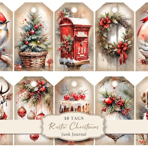 Puede incluir: Un conjunto de diez etiquetas rústicas con temática navideña. Las etiquetas presentan ilustraciones en acuarela de un pájaro, un árbol de Navidad, un buzón, una corona, un globo de nieve, un ciervo, un pastel, adornos y un perro. Se muestra el texto "Rustic Christmas Junk Journal".
