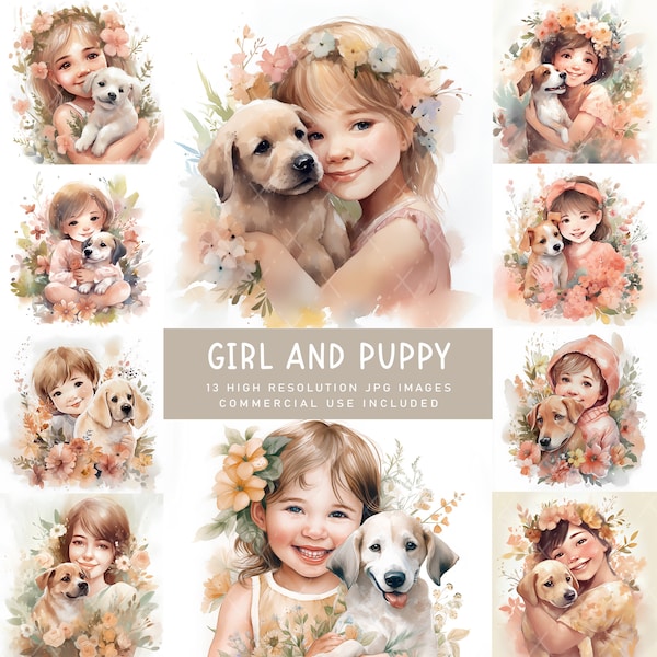 Girl and puppy- 13JPG, Dog portrait, Watercolor clipart Girl, Junk magazines, Digital planner, Wall art, Print dog, Digital download