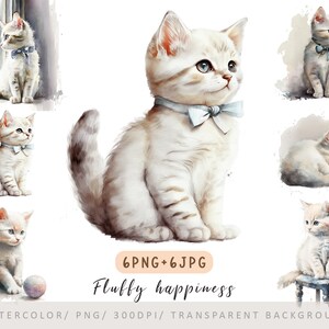 Imágenes prediseñadas de lindos gatitos blancos, imágenes prediseñadas de lindos gatitos en acuarela, retrato de gato, decoración de granja, regalo para ella, pegatinas de planificador, impresión digital