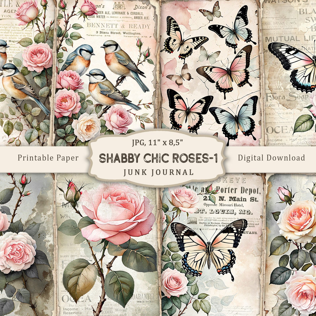 Shabby Chic Roses-1 Junk Journal Kit, Floral Shabby Chic Roses Pages ...