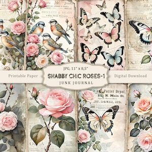 Shabby Chic Roses-1 Kit de diario basura, páginas de rosas florales Shabby Chic, papeles de diario de rosas vintage, hoja de collage floral, rosas de acuarela