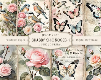 Shabby Chic Roses-1 Junk Journal Kit, Floral Shabby Chic Roses Pages, Vintage Roses Journal Papers, Floral Collage Sheet, Watercolor Roses