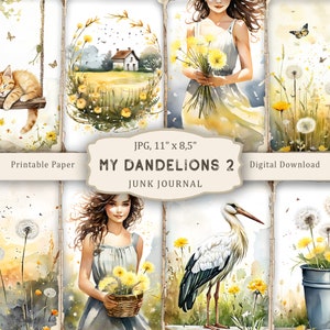Kit My Dandelions-2 Junk Journal, pagine stampabili con tarassaco acquerellato, carta per scrapbooking con tarassaco, collage di tarassaco, effimeri di tarassaco