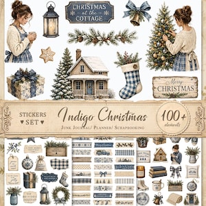 May include: A digital sticker set titled Indigo Christmas featuring over 100 elements including illustrations of a cottage, Christmas trees, a person in a sweater, a lantern, a stocking, gift boxes, and various decorative borders and labels.