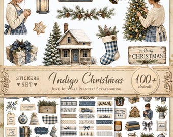 Puede incluir: Un conjunto de pegatinas digitales titulado Indigo Christmas que incluye más de 100 elementos, con ilustraciones de una cabaña, árboles de Navidad, una persona con suéter, una linterna, un calcetín, cajas de regalo y bordes decorativos.