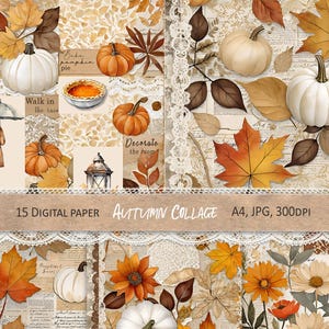 Autumn Collage Scrapbooking Paper Set, Fall Printable Paper, Watercolor Fall Junk Journal Pages, Fall Collage Sheets, Digital Download